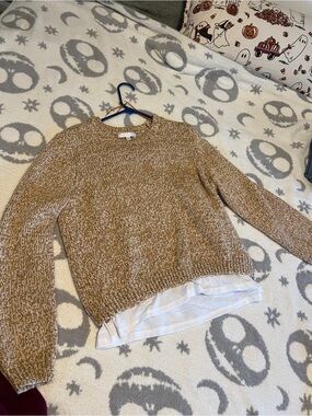 Design History Brown Marled Crewneck Sweater with Layered Hem Detail